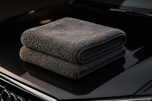A luxurious, ultra-thick premium microfiber cloth (1300 GSM) displayed on a sleek, reflective surface near a polished black car hood. The cloth is folded neatly, showing its plush texture and dense fibers. Soft lighting emphasizes its premium quality and thickness. The color palette is elegant — charcoal, silver, and deep black — conveying sophistication and premium craftsmanship.