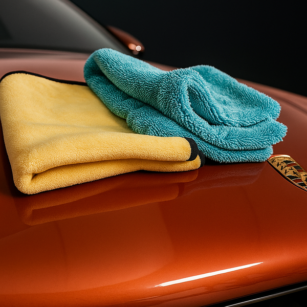 A luxurious, ultra-thick premium microfiber cloth (1300 GSM) displayed on a sleek, reflective surface near a polished black car hood. The cloth is folded neatly, showing its plush texture and dense fibers. Soft lighting emphasizes its premium quality and thickness. The color palette is elegant — charcoal, silver, and deep black — conveying sophistication and premium craftsmanship. 
